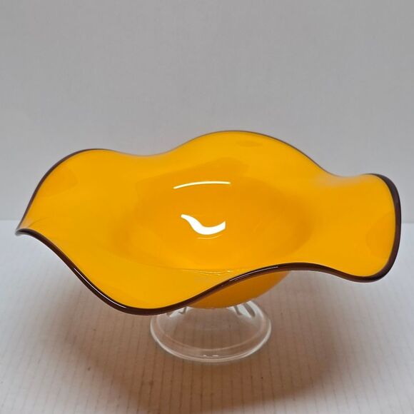Vintage Teleflora Orange Handblown Art Glass  Ruffle Wave Footed Fruit Bowl - Picture 2 of 8